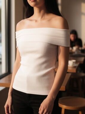 Madewell White Ribbed Off the Shoulder Top SZ. XXS